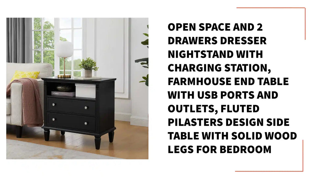 Open Space and 2 Drawers Dresser Nightstand with Charging Station, Farmhouse End Table with USB Ports and Outlets, Fluted Pilasters Design Side Table with Solid Wood Legs for Bedroom by@Outfy
