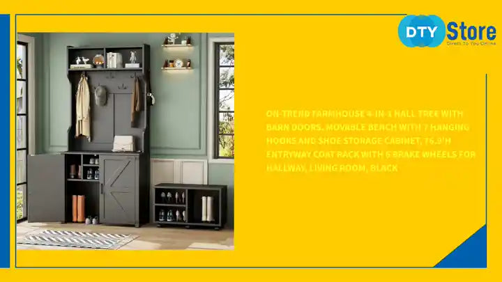 ON-TREND Farmhouse 4-in-1 Hall Tree with Barn Doors, Movable Bench with 7 Hanging Hooks and Shoe Storage Cabinet, 76.9'H Entryway Coat Rack with 6 Brake Wheels for Hallway, Living Room, Black by@Outfy