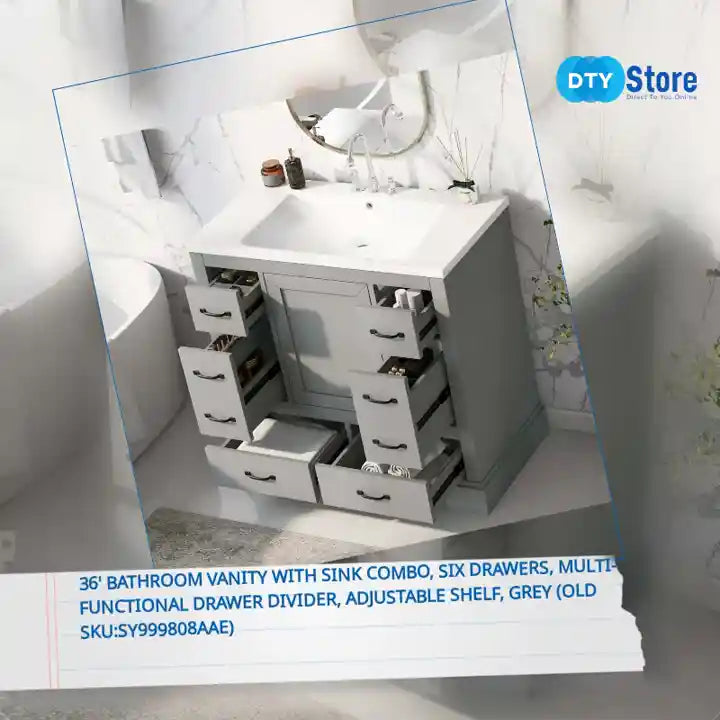 36&#039; Bathroom Vanity with Sink Combo, Six Drawers, Multi-Functional Drawer Divider, Adjustable Shelf, Grey (Old Sku:SY999808AAE) by@Outfy