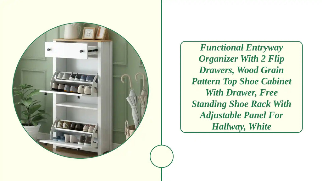 Functional Entryway Organizer with 2 Flip Drawers, Wood Grain Pattern Top Shoe Cabinet with Drawer, Free Standing Shoe Rack with Adjustable Panel for Hallway, White by@Outfy