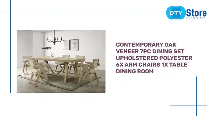 Contemporary Oak Veneer 7pc Dining Set Upholstered Polyester 6x Arm Chairs 1x Table Dining Room by@Outfy