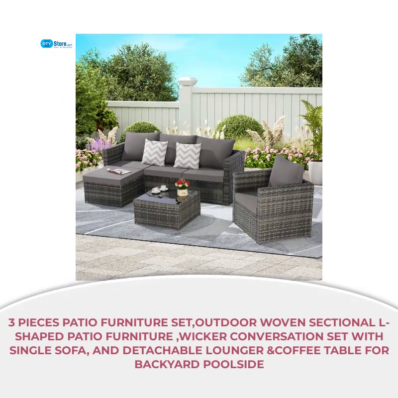 3 Pieces Patio Furniture Set,Outdoor Woven Sectional L- Shaped Patio Furniture ,Wicker Conversation Set with single sofa, and Detachable Lounger &amp;Coffee Table for Backyard Poolside by@Outfy