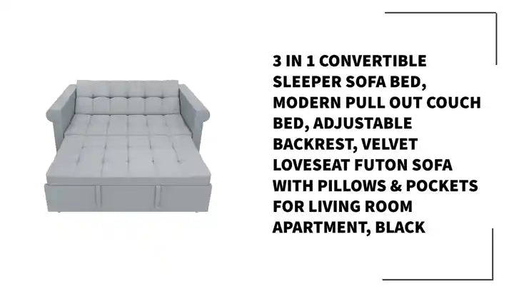 3 in 1 Convertible Sleeper Sofa Bed, Modern Pull Out Couch Bed, Adjustable Backrest, Velvet Loveseat Futon Sofa with Pillows &amp; Pockets for Living Room Apartment, Black by@Outfy