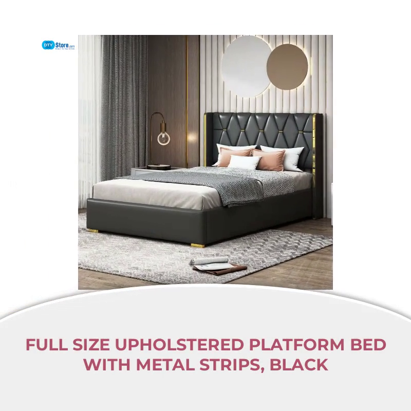 Full Size Upholstered Platform Bed with Metal Strips, Black by@Outfy