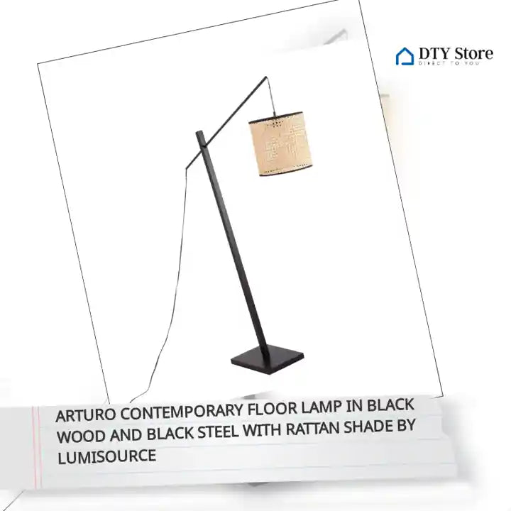 Arturo Contemporary Floor Lamp in Black Wood and Black Steel with Rattan Shade by LumiSource by@Outfy
