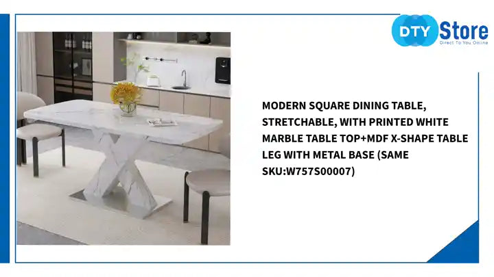 Modern Square Dining Table, Stretchable, with Printed White Marble Table Top+MDF X-Shape Table Leg with Metal Base (Same SKU:W757S00007) by@Outfy