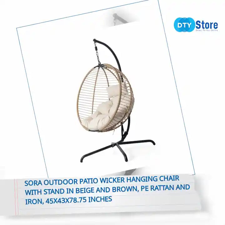 Sora Outdoor Patio Wicker Hanging Chair with Stand in Beige and Brown, PE Rattan and Iron, 45x43x78.75 inches by@Outfy
