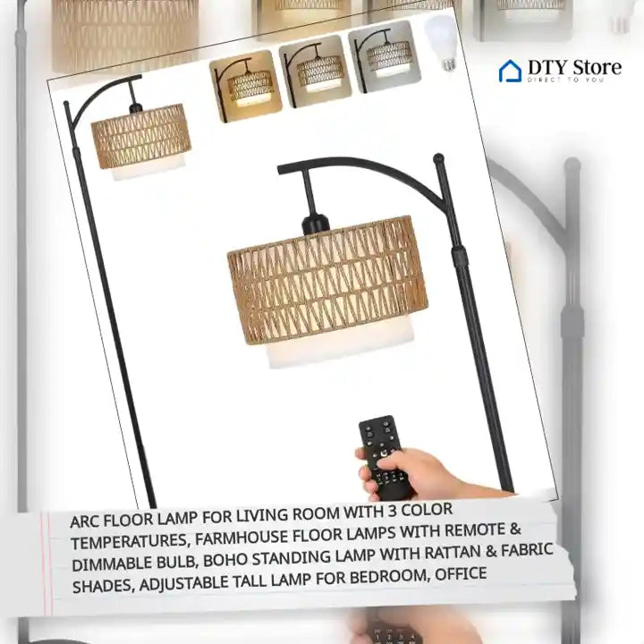 Arc Floor Lamp for Living Room with 3 Color Temperatures, Farmhouse Floor Lamps with Remote &amp; Dimmable Bulb, Boho Standing Lamp with Rattan &amp; Fabric Shades, Adjustable Tall Lamp for Bedroom, Office by@Outfy