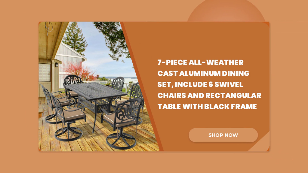 7-Piece All-Weather Cast Aluminum Dining Set, Include 6 Swivel Chairs and Rectangular Table With Black Frame by@Outfy