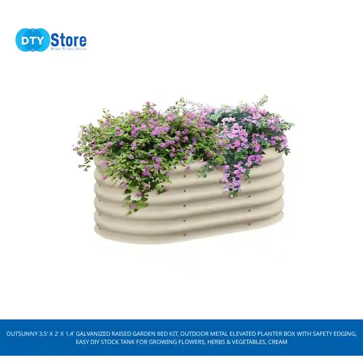 Outsunny 3.5' x 2' x 1.4' Galvanized Raised Garden Bed Kit, Outdoor Metal Elevated Planter Box with Safety Edging, Easy DIY Stock Tank for Growing Flowers, Herbs &amp; Vegetables, Cream by@Outfy