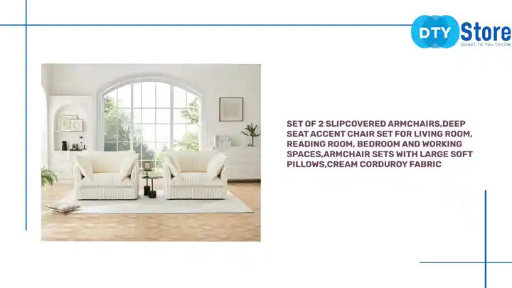 Set of 2 Slipcovered Armchairs,Deep Seat Accent Chair Set for Living Room, Reading Room, Bedroom and Working Spaces,Armchair Sets with Large Soft Pillows,Cream Corduroy Fabric by@Outfy