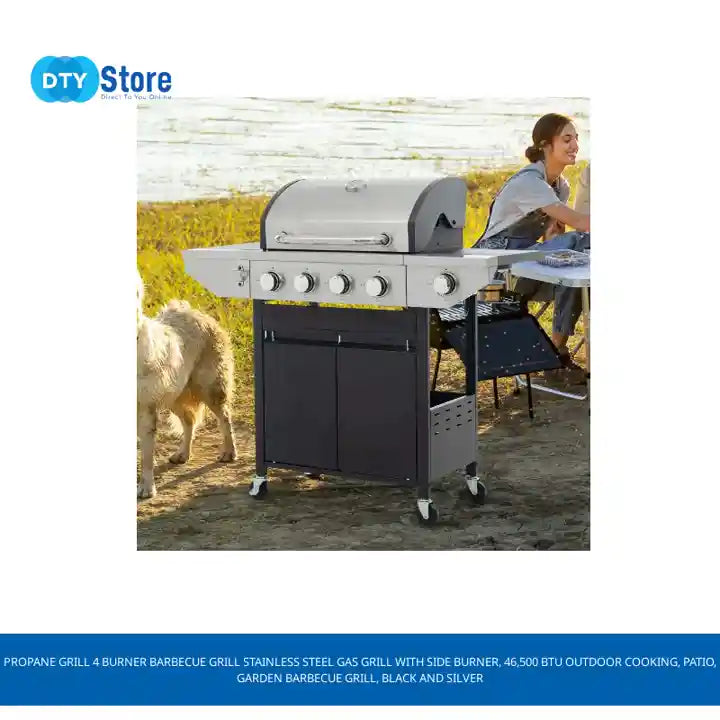 Propane Grill 4 Burner Barbecue Grill Stainless Steel Gas Grill with Side Burner, 46,500 BTU Outdoor Cooking, Patio, Garden Barbecue Grill, Black and Silver by@Outfy