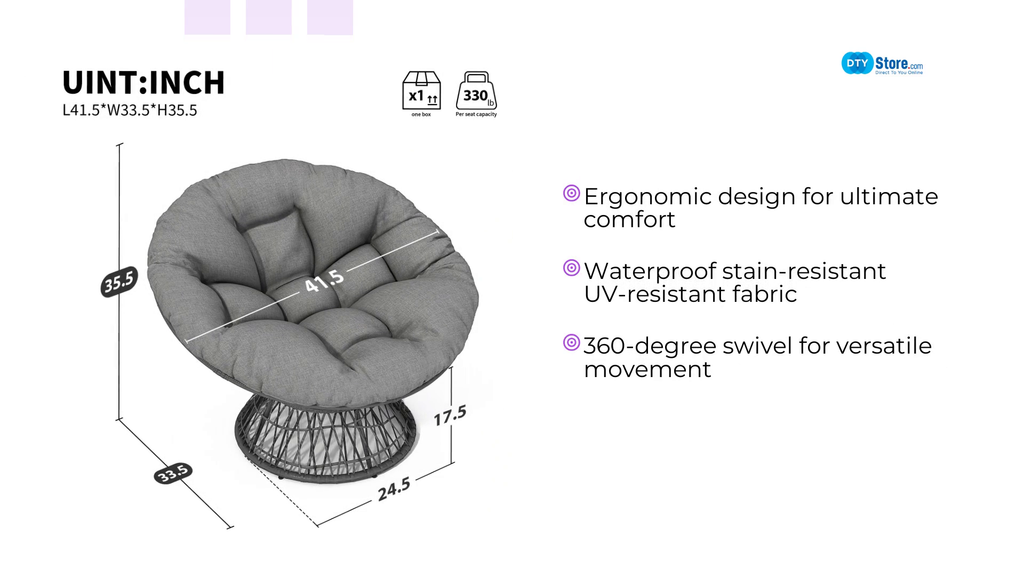 41.5&quot; Ergonomic Wicker Chair with Cloud Thick Density Fabric Cushion,3-proof Cover,High Capacity Iron Frame,Fluid 360 Degree Swivel for Reading,Living Room, Bedroom,Lounge,Gray Base,2 Colors by@Outfy