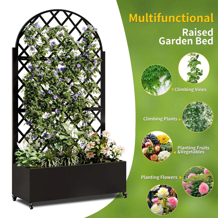 round Metal Planter Box with Trellis Raised Garden Bed with 4 wheelsTrellis & Privacy Screen for Climbing Plants, Vegetables, Vines Default -DTYStore