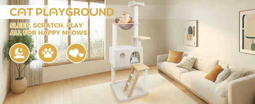 wood cat tree with large condo wood ladder and transparent spacecraft 165cm Default -DTYStore