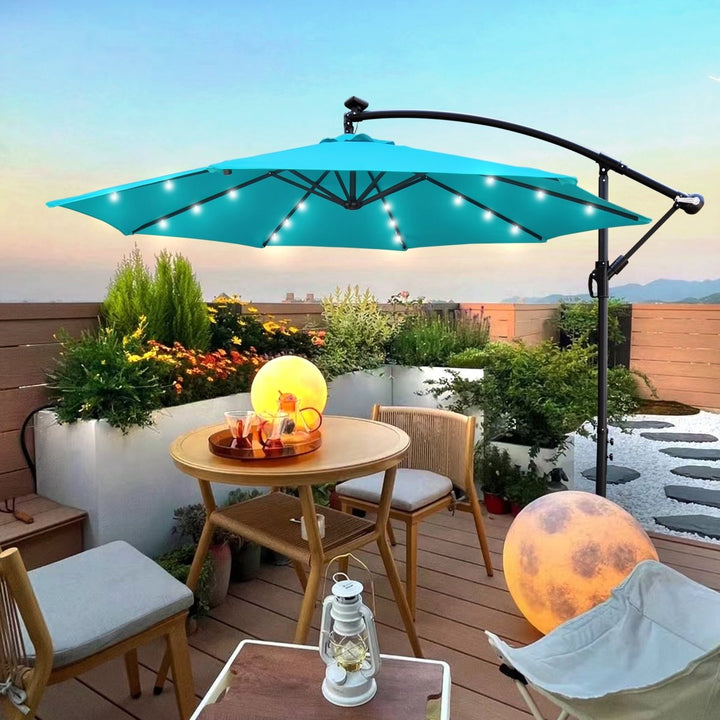 10 ft Outdoor Patio Umbrella Solar Powered LED Lighted Sun Shade Market Waterproof 8 Ribs Umbrella with Crank and Cross Base for Garden Deck Backyard Pool Shade Outside Deck Swimming PoolDTYStore