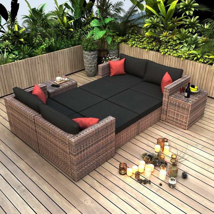 10 Pieces Outdoor Patio Garden Brown Wicker Sectional Conversation Sofa Set with Black Cushions and Red Pillows,w/ Furniture Protection CoverDTYStore