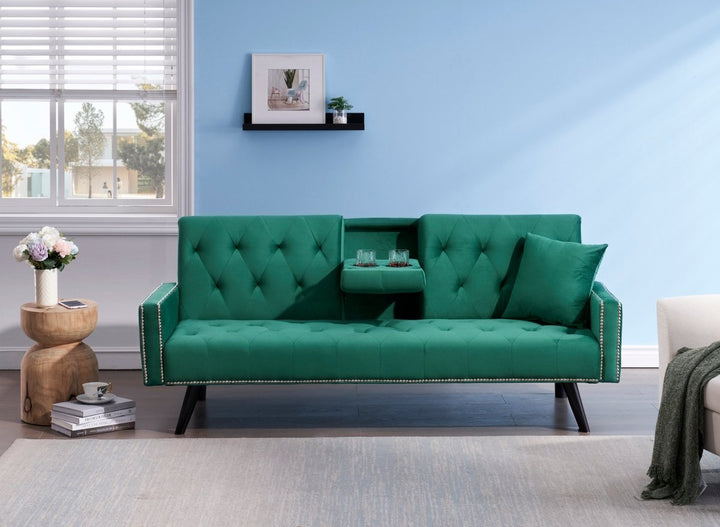 1730 Sofa Bed Armrest with Nail Head Trim with Two Cup Holders 72" Green Velvet Sofa for Small SpacesDTYStore