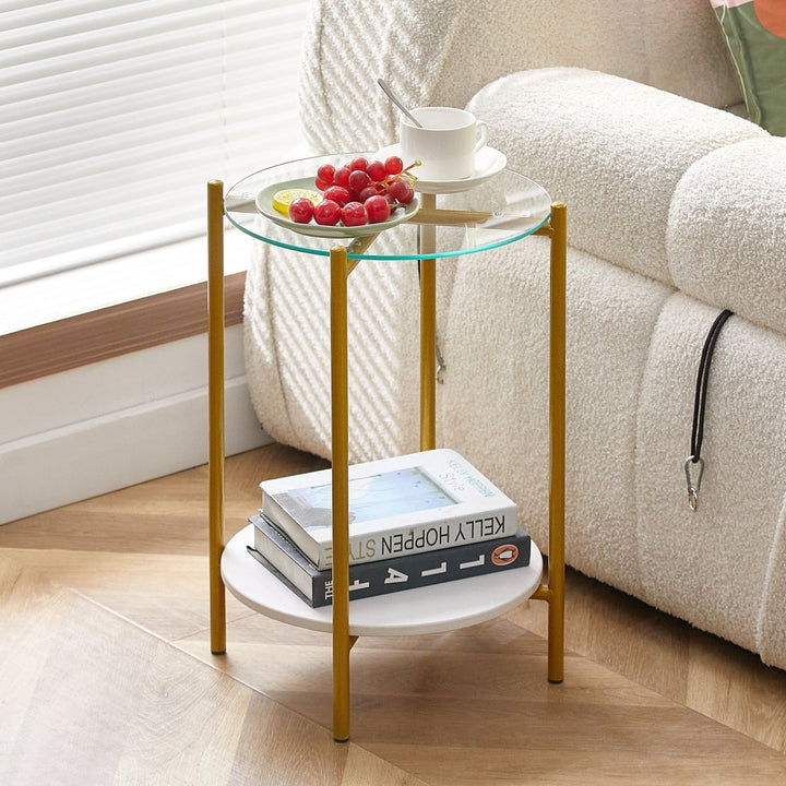 2-layer End Table with Tempered Glass and Marble Tabletop, Round Coffee Table with Golden Metal Frame for Bedroom Living Room Office (1 piece)DTYStore