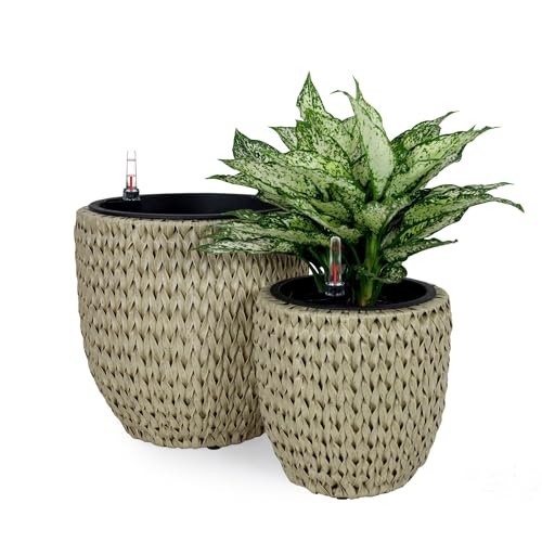 2-Pack Catleza Self-watering Wicker Planter - Garden Decoration Pot - RoundDTYStore