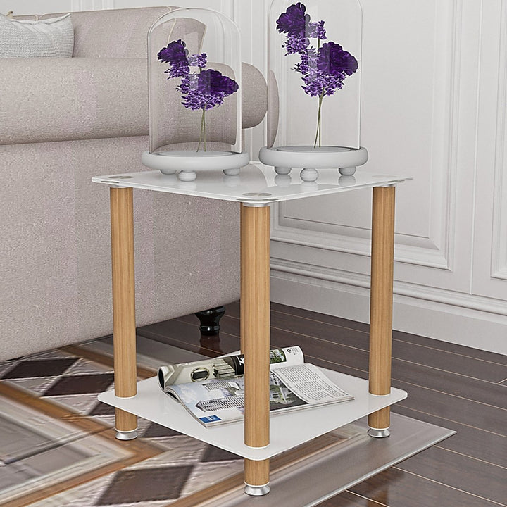 2-Piece White+Oak Side Table , 2-Tier Space End Table ,Modern Night Stand, Sofa table, Side Table with Storage ShelveDTYStore