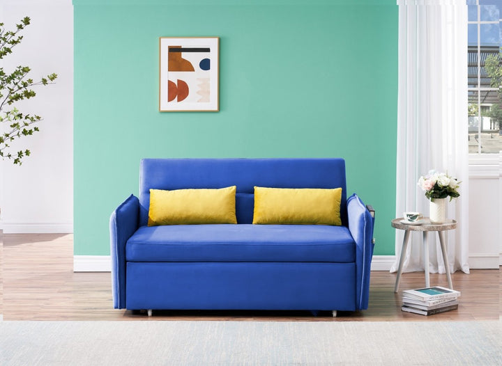 2120 Sofa Pull Out Bed Included Two Pillows 54" Blue Velvet Sofa for Small SpacesDTYStore