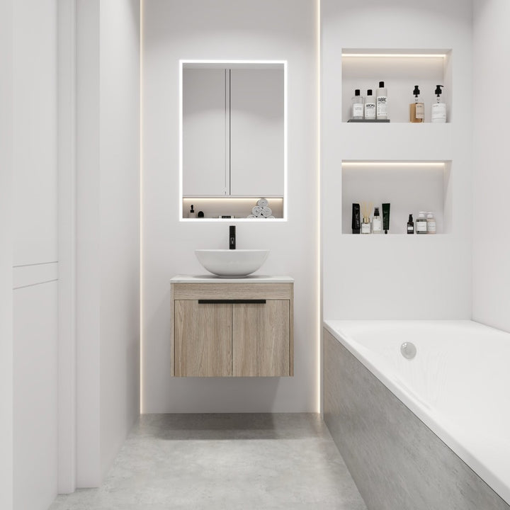 24 " Modern Design Float Bathroom Vanity With Ceramic Basin Set, Wall Mounted White Oak Vanity With Soft Close Door,KD-Packing，KD-Packing，2 Pieces Parcel（TOP-BAB321MOWH）DTYStore