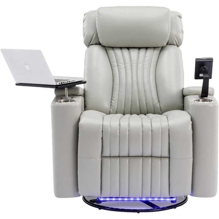 270° Power Swivel Recliner,Home Theater Seating With Hidden Arm Storage and LED Light Strip,Cup Holder,360° Swivel Tray Table,and Cell Phone Holder,Soft Living Room Chair,GreyDTYStore