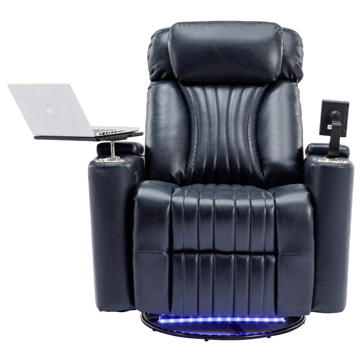 270° Power Swivel Recliner,Home Theater Seating With Hidden Arm Storage and LED Light Strip,Cup Holder,360° Swivel Tray Table,and Cell Phone Holder,Soft Living Room Chair,BlueDTYStore