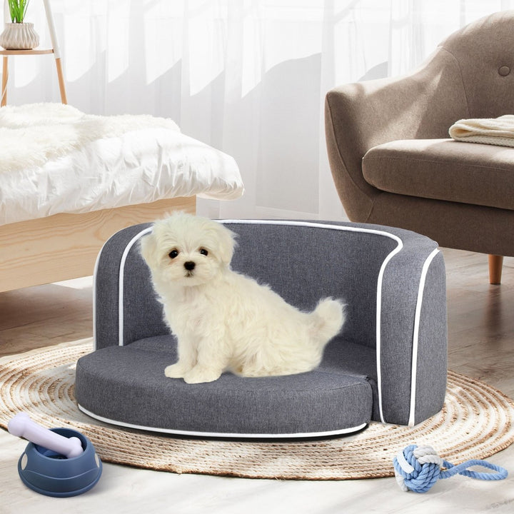 30" Gray Pet Sofa, Dog sofa, Dog bed, Cat Bed, Cat Sofa, with Wooden Structure and Linen Goods White Roller Lines on the Edges Curved Appearance pet Sofa with CushionDTYStore