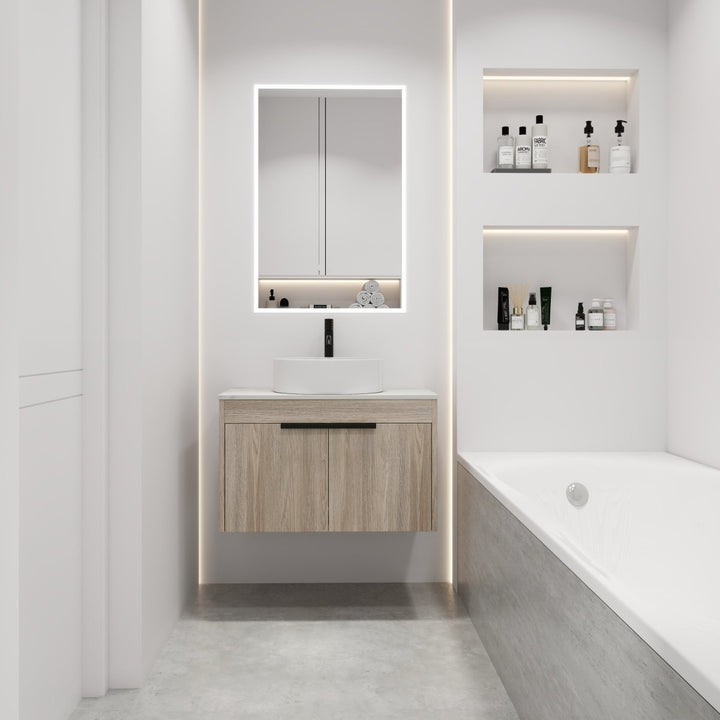 30 " Modern Design Float Bathroom Vanity With Ceramic Basin Set, Wall Mounted White Oak Vanity With Soft Close Door,KD-Packing，KD-Packing，2 Pieces Parcel（TOP-BAB400MOWH）DTYStore