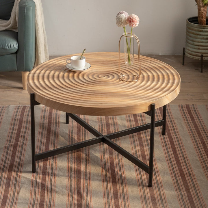 33"Modern Thread Design Round Coffee Table , MDF Table Top with Cross Legs Metal BaseDTYStore