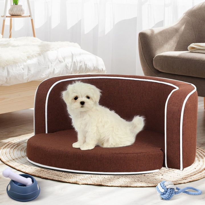 35" Brown Pet Sofa with Wooden Structure and Linen Goods White Roller Lines on the Edges Curved Appearance pet Sofa with CushionDTYStore