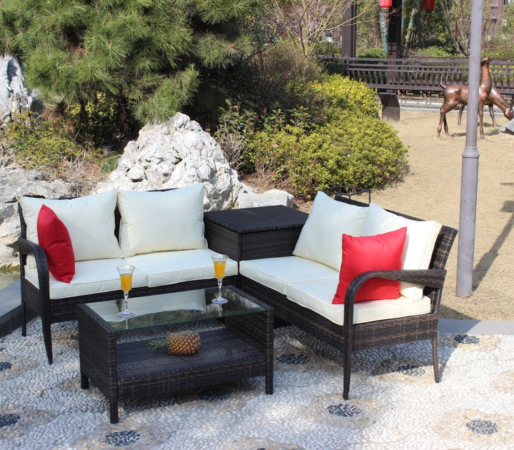 4 Piece Patio Sectional Wicker Rattan Outdoor Furniture Sofa Set with Storage Box BrownDTYStore