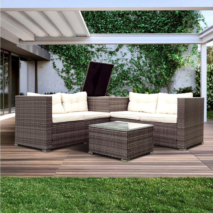 4 Piece Patio Sectional Wicker Rattan Outdoor Furniture Sofa Set with Storage Box - CremeDTYStore