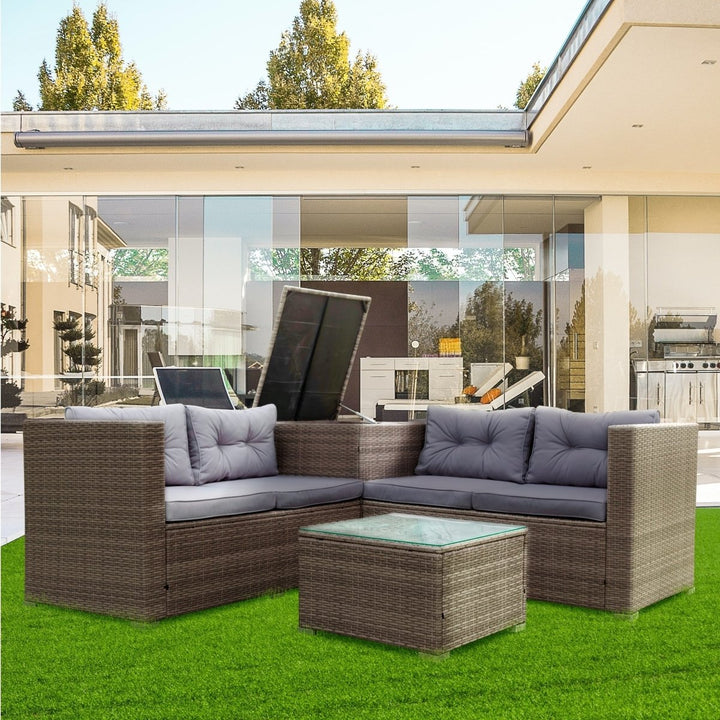 4 Piece Patio Sectional Wicker Rattan Outdoor Furniture Sofa Set with Storage Box GreyDTYStore