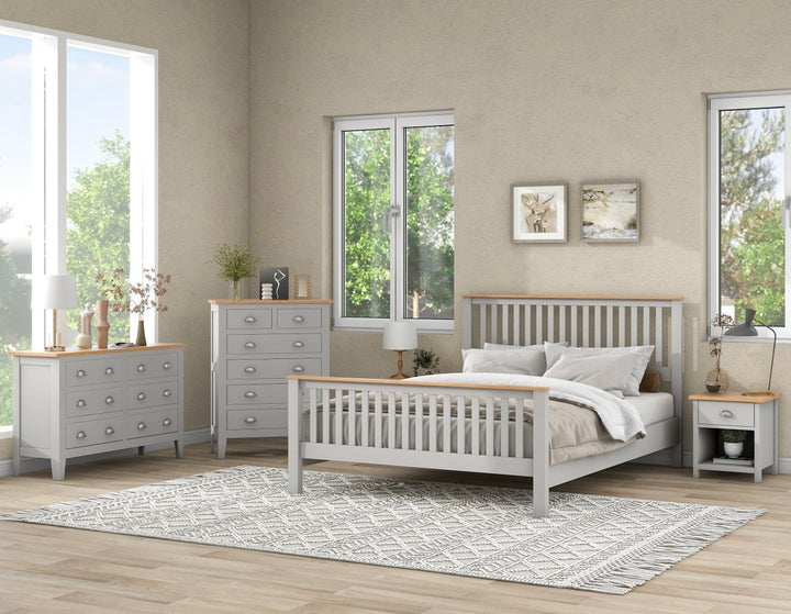 5 Pieces Country Gray with Oak Top Bedroom Sets, Full Bed, Nightstand*2, Chest and DresserDTYStore