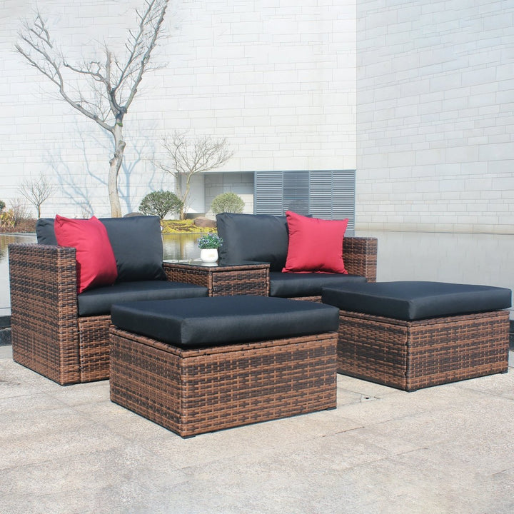 5 Pieces Outdoor Patio Garden Brown Wicker Sectional Conversation Sofa Set with Black Cushions and Red Pillows,w/ Furniture Protection CoverDTYStore