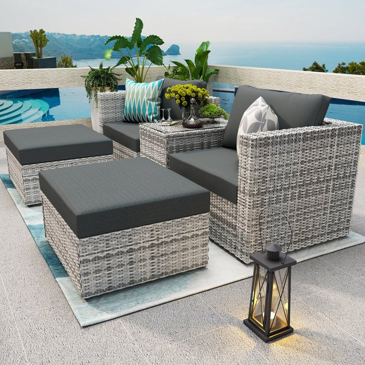 5 Pieces Wicker Sofa Set Grey Wicker+ Grey Cushion with Weather Protecting CoverDTYStore