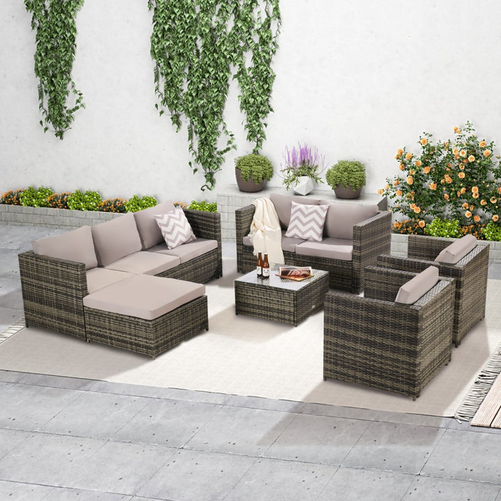 6 PIECES OUTDOOR FURNITUREPRODUCT RATTAN SOFA AND TALBE SET GRAY CUSHIONDTYStore