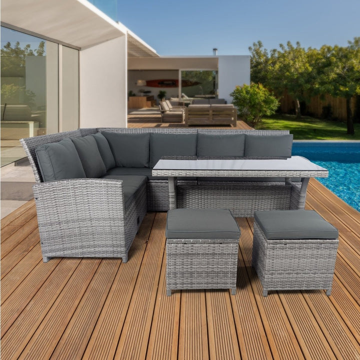 6 Pieces PE Rattan sectional Outdoor Furniture Cushioned Sofa Set with 2 Storage Under Seat GreyDTYStore