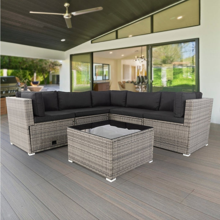 6 Pieces PE Rattan sectional Outdoor Furniture Cushioned Sofa Set with 3 Storage Under Seat GreyDTYStore