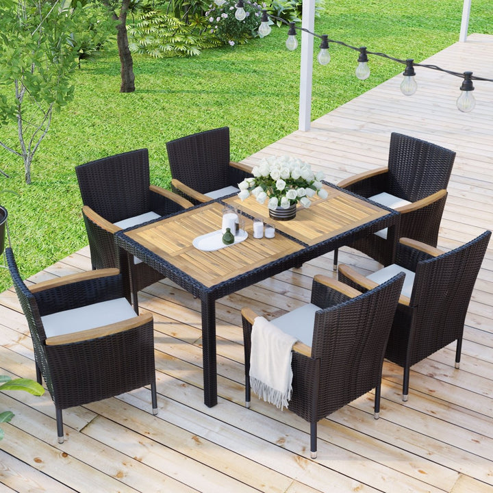7-Piece Outdoor Patio Dining Set, Garden PE Rattan Wicker Dining Table and Chairs Set, Acacia Wood Tabletop, Stackable Armrest Chairs with Cushions, BrownDTYStore