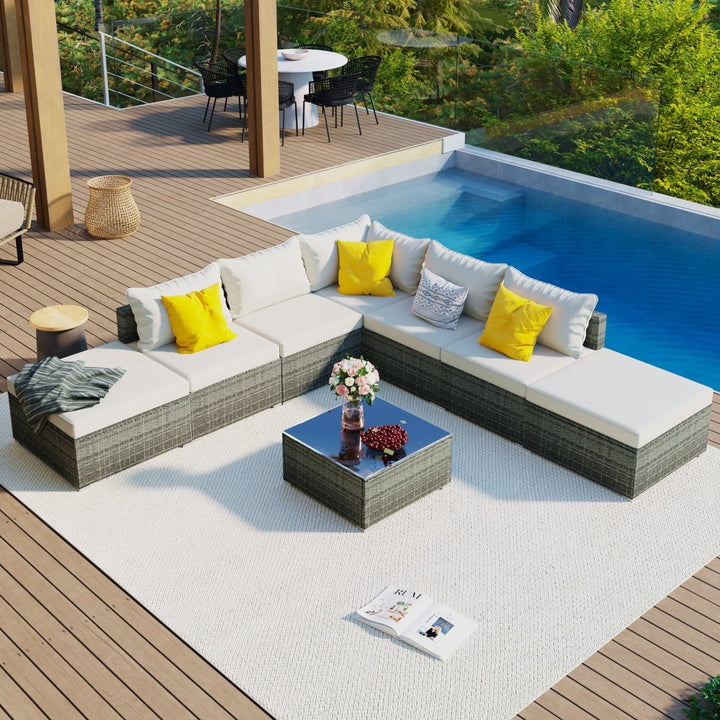 8-Pieces Outdoor Patio Furniture Sets, Garden Conversation Wicker Sofa Set, Single Sofa Combinable, Beige Cushions Gray WickerDTYStore