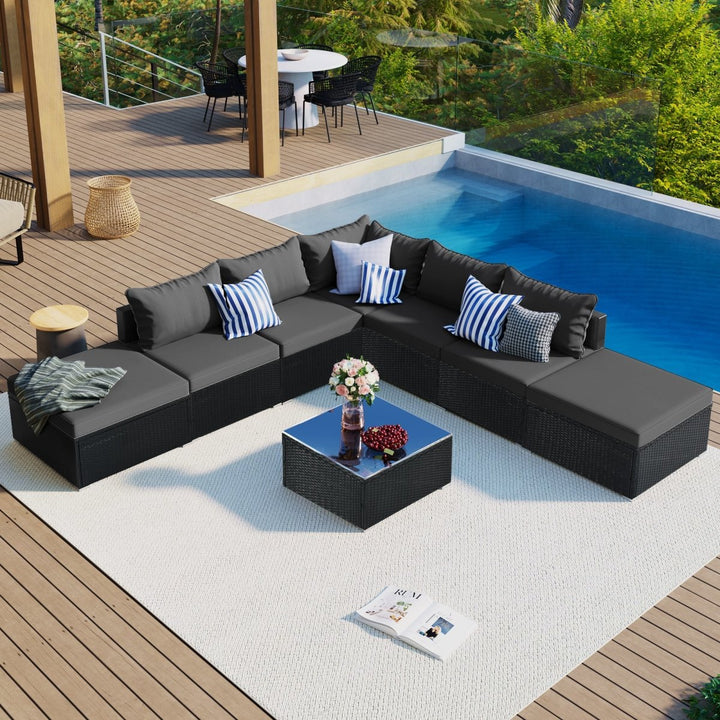 8-Pieces Outdoor Patio Furniture Sets, Garden Conversation Wicker Sofa Set, Single Sofa Combinable, Gray Cushions Black WickerDTYStore