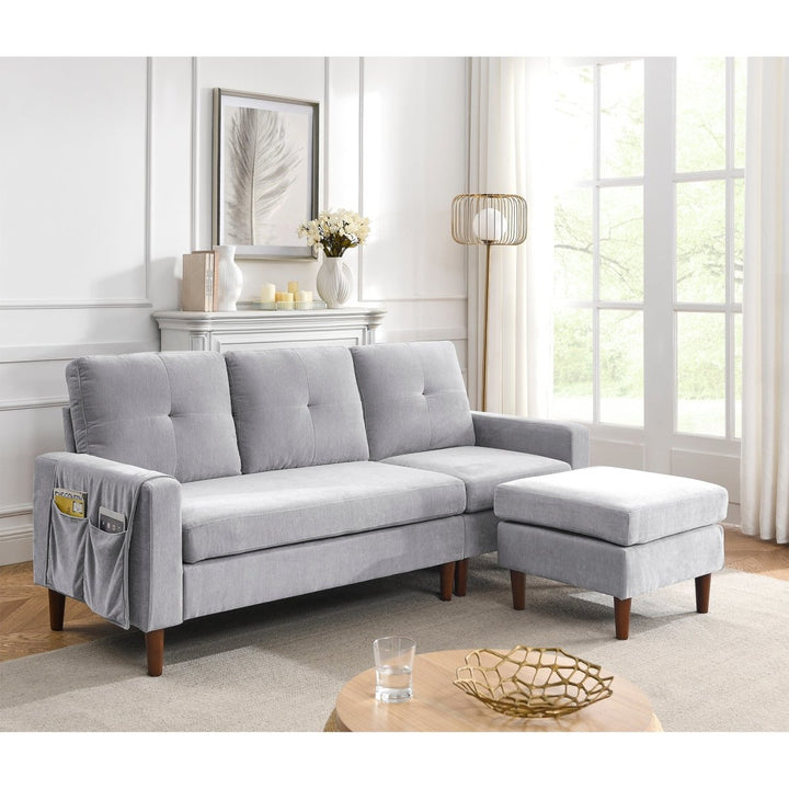 80” Convertible Sectional Sofa Couch, 3 Seats L-shape Sofa with Removable Cushions and Pocket, Rubber Wood Legs, Light Grey ChenilleDTYStore