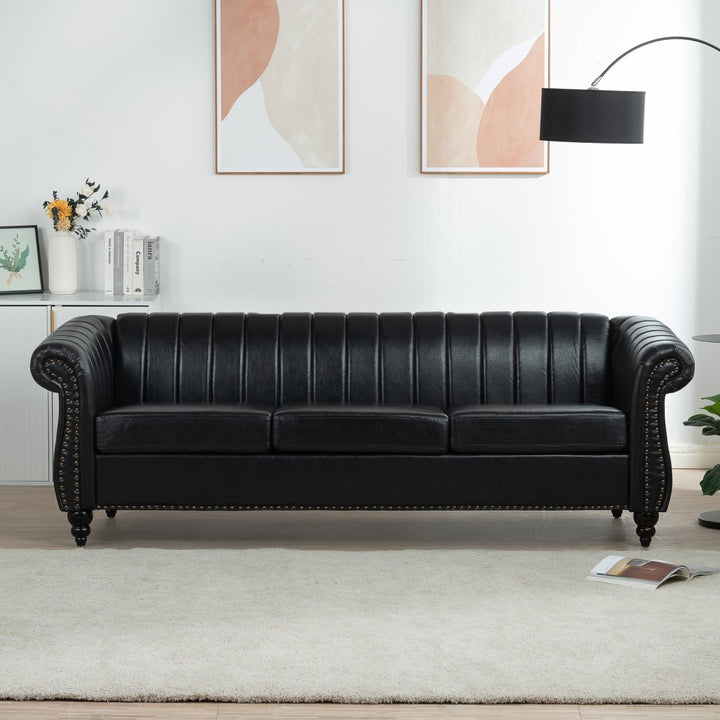 83.46'' Black PU Rolled Arm Chesterfield Three Seater Sofa.DTYStore