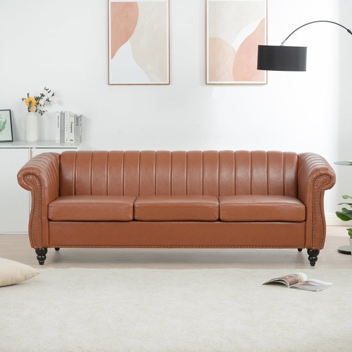 83.46" Brown PU Rolled Arm Chesterfield Three Seater Sofa.DTYStore