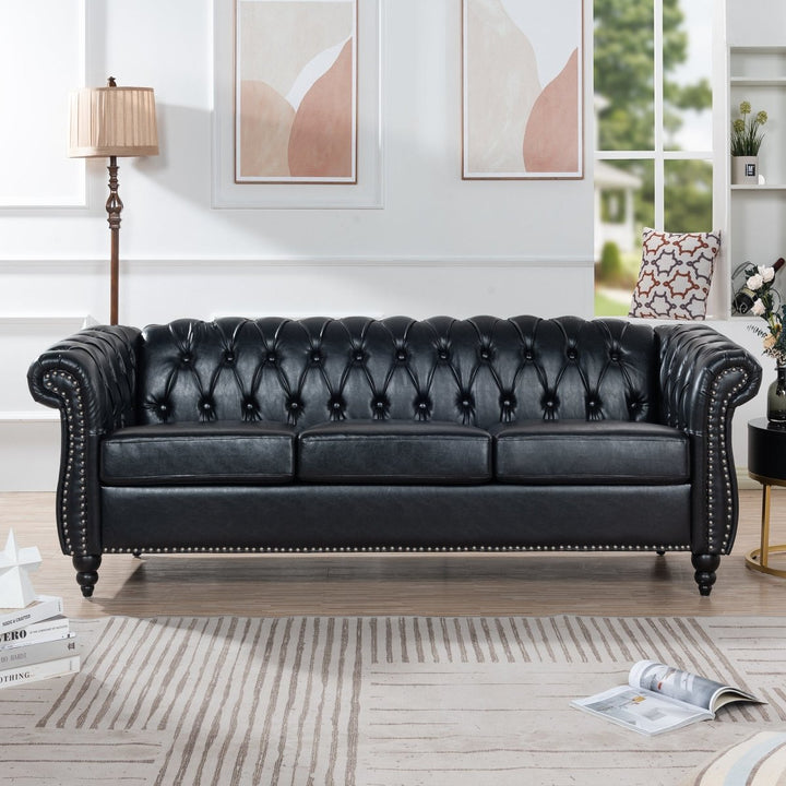84.65" BLACK PU Rolled Arm Chesterfield Three Seater Sofa.DTYStore
