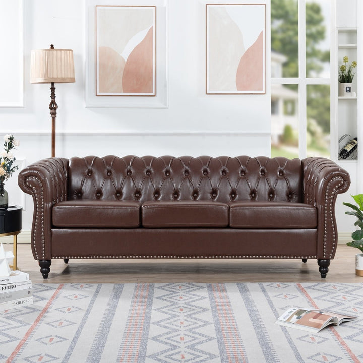 84.65" Dark Brown PU Rolled Arm Chesterfield Three Seater Sofa.DTYStore